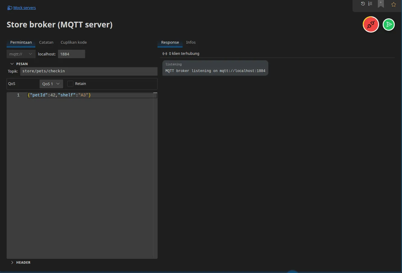 Sebuah elemen Server MQTT yang sedang mendengarkan: port brokernya, topik dan QoS-nya, status “0 klien tersambung”, dan pesan MQTT broker listening on mqtt://localhost:1884