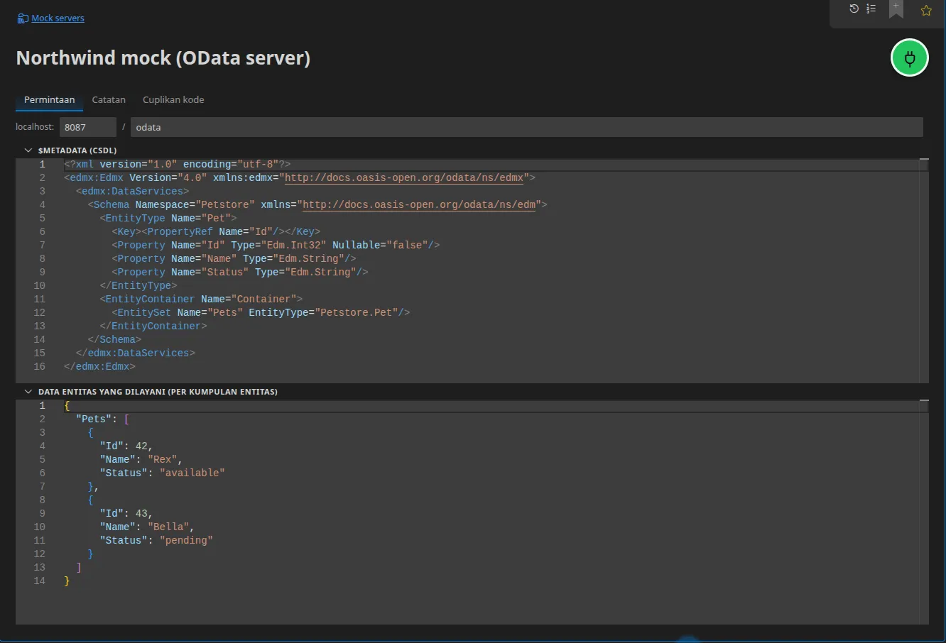 Sebuah elemen Server OData: alamat akar layanannya, dokumen $metadata CSDL yang disajikan verbatim, dan data entitas simulasi per himpunan entitas