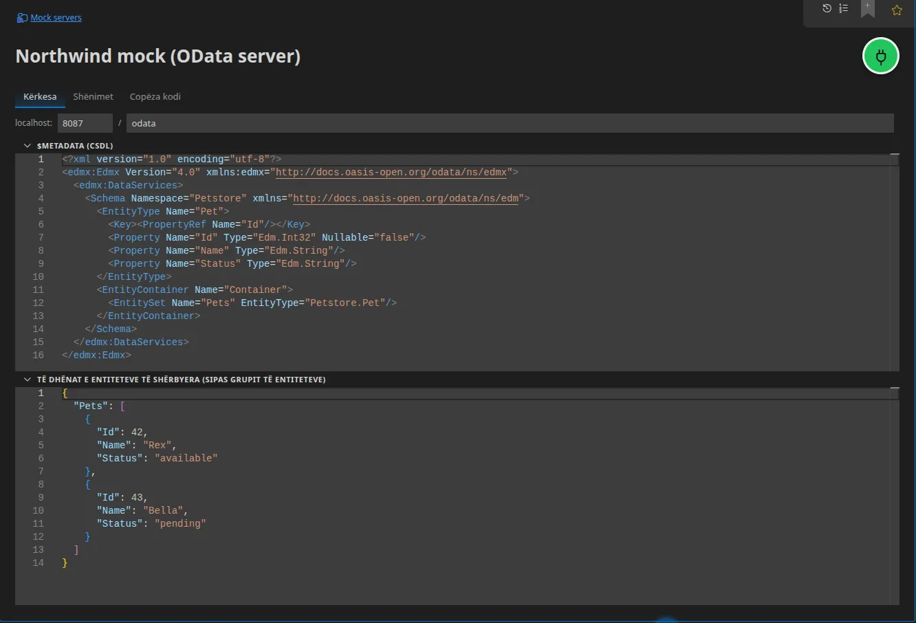Një element Server OData: adresa e rrënjës së shërbimit, dokumenti $metadata CSDL i shërbyer fjalë për fjalë dhe të dhënat e entiteteve të simuluara sipas grupit të entiteteve