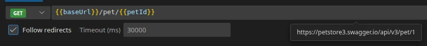 A URL field containing {{baseUrl}}/pet/{{petId}}, with its value resolved by the active environment shown just below