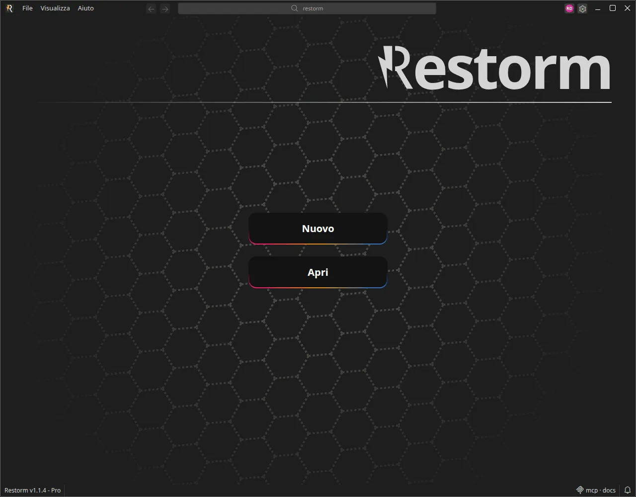 La schermata iniziale di Restorm: crea un nuovo progetto o aprine uno esistente