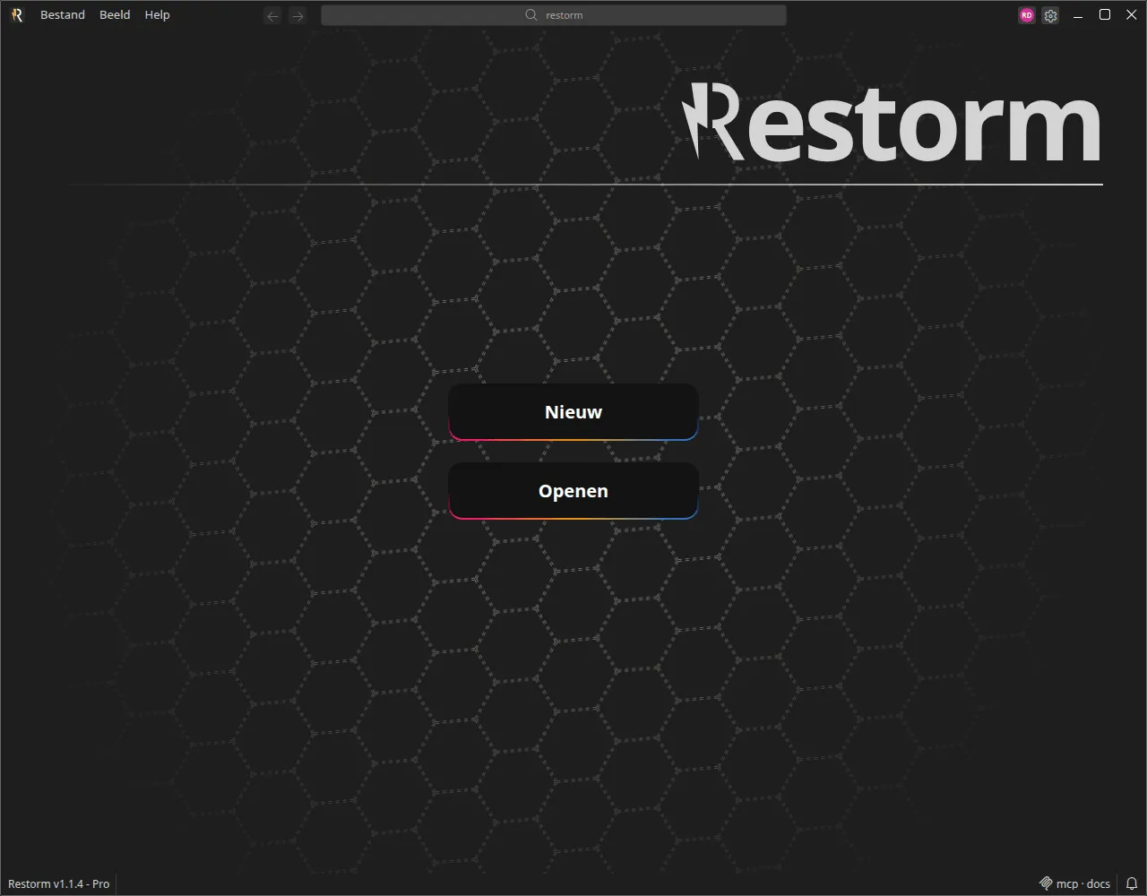 Het welkomstscherm van Restorm: maak een nieuw project of open een bestaand project