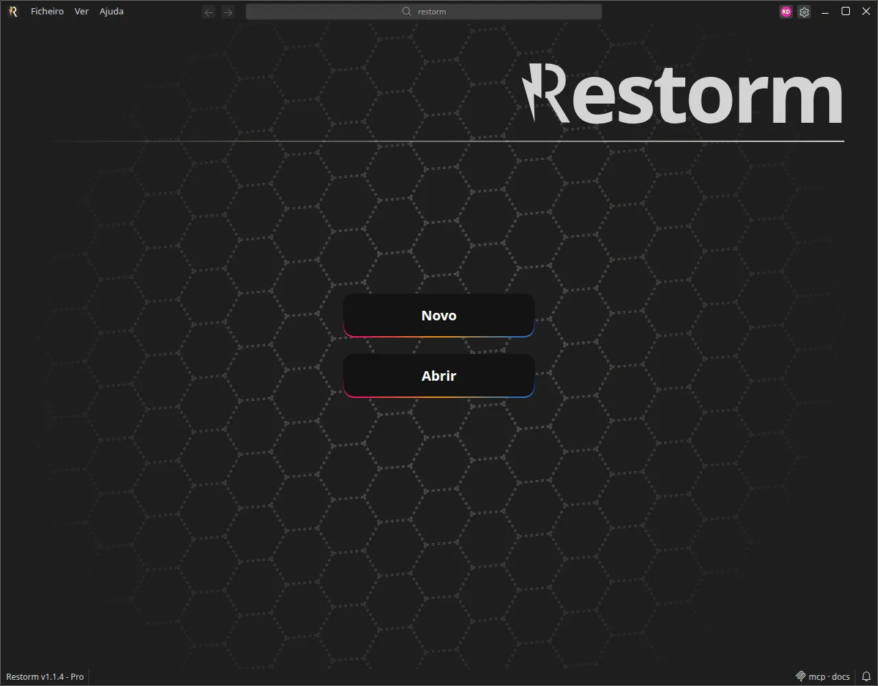 O ecrã inicial do Restorm: crie um novo projeto ou abra um existente