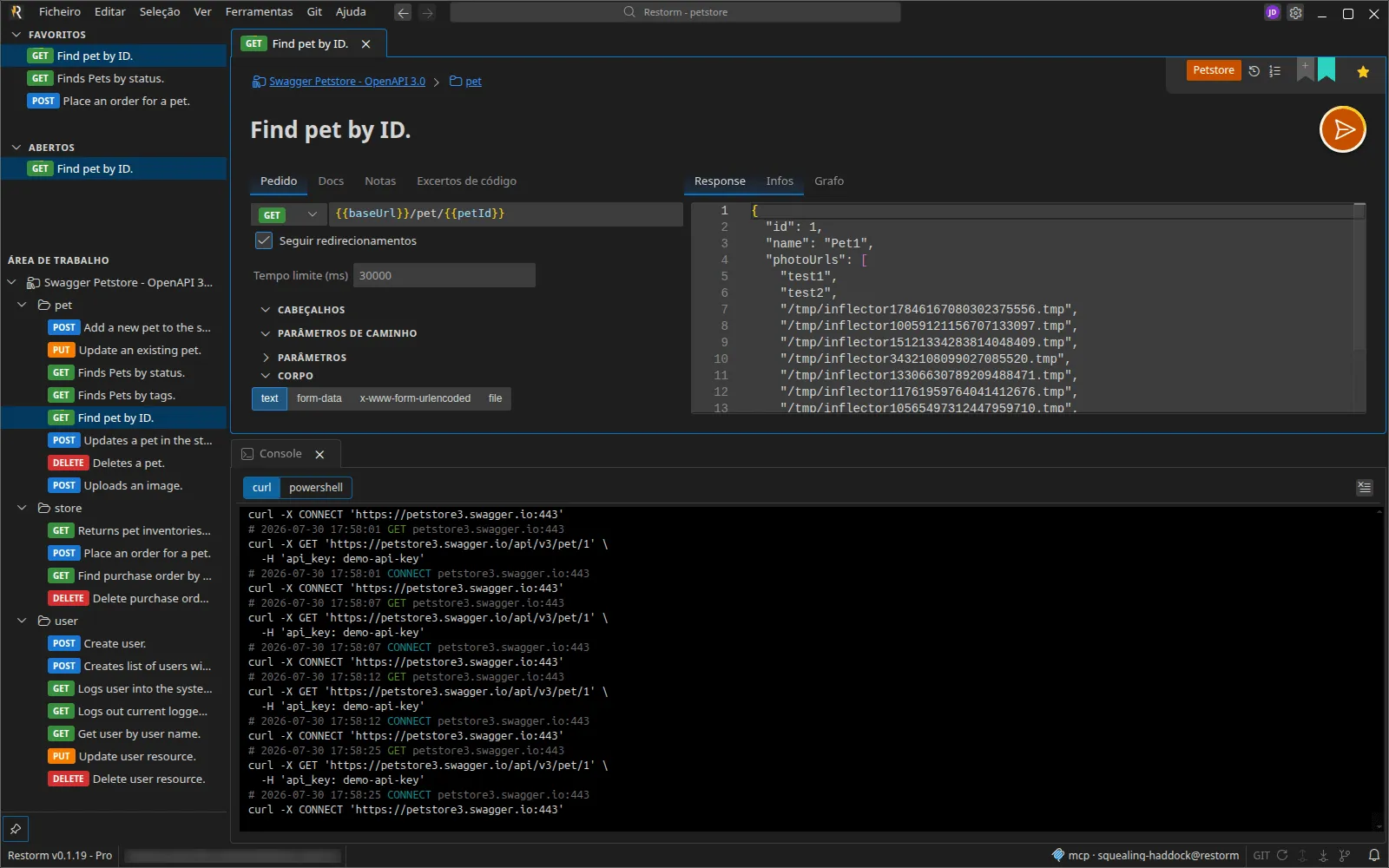 Um workbench dividido: a configuração do pedido à esquerda, a sua resposta à direita, e a consola num grupo abaixo, a toda a largura