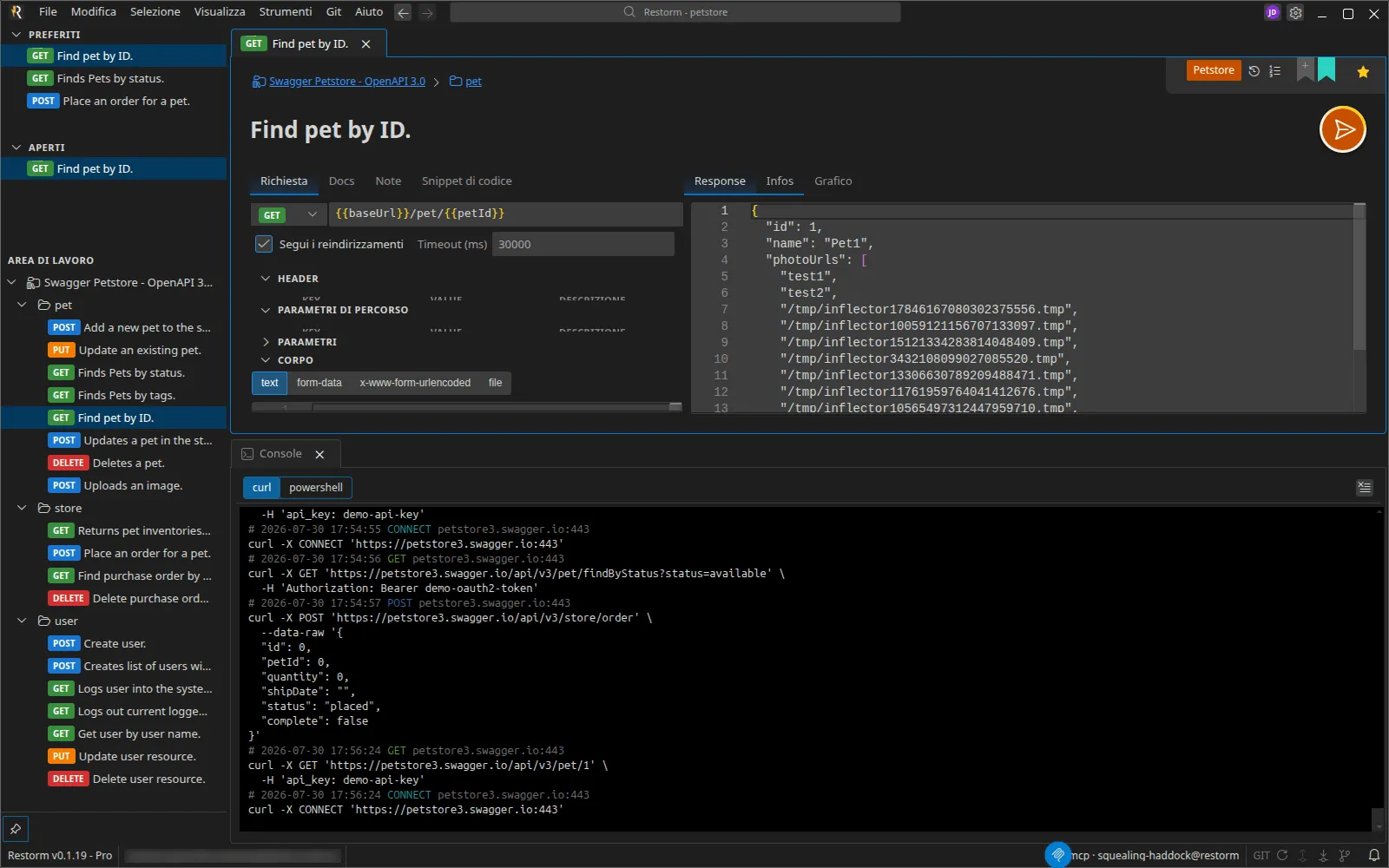 Un workbench diviso: la configurazione della richiesta a sinistra, la sua risposta a destra e la console in un gruppo sottostante a tutta larghezza